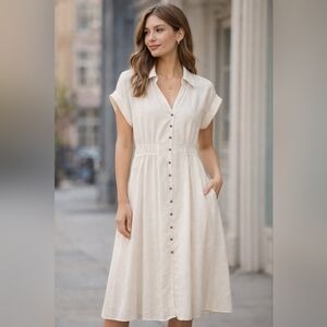 Off-White Linen Blend Button Front Collared Midi Dress
